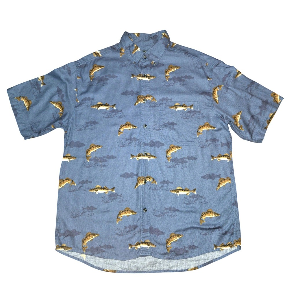 Cabela's Fish Print Button Down Shirt Men Large Blue Walleye Short Sleeve Cotton